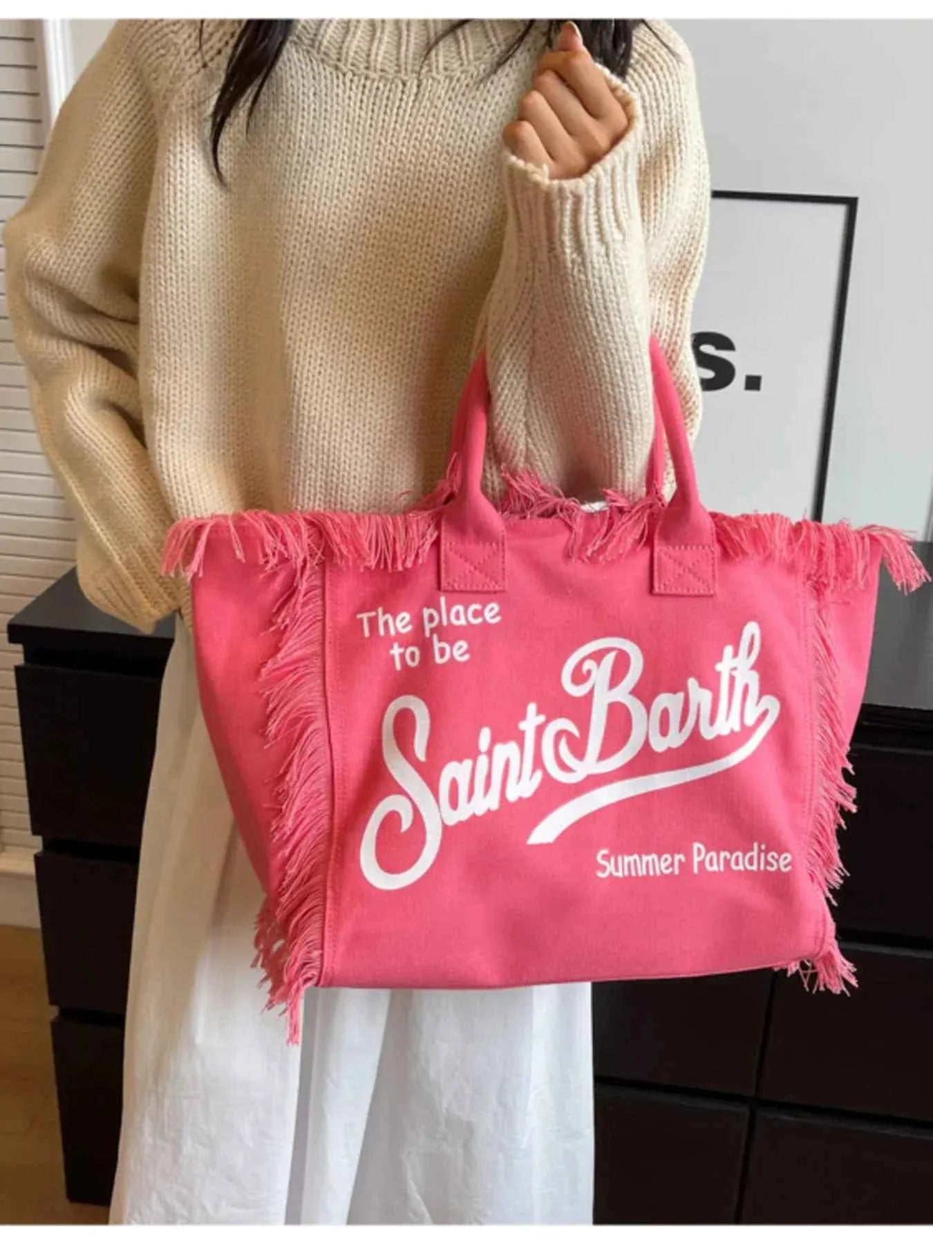 Fringe Letter Canvas Tote Bag Rose Pink One Size 987662a3b63e44c5bd39b87de1361b95-Max-Origin