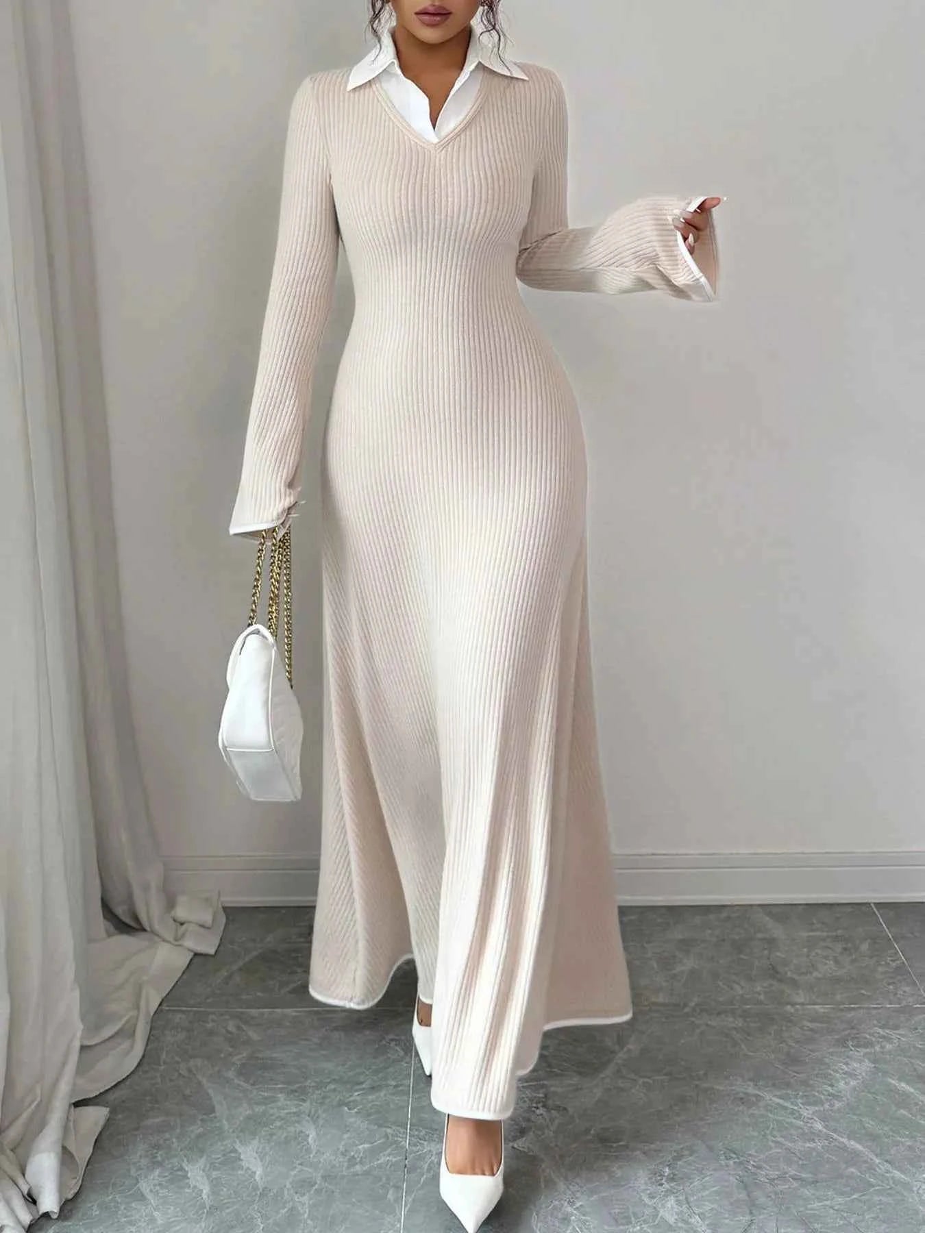 Ribbed Knit Long Sleeve Maxi Dress with Collar 98769ed8-4ddf-4352-9129-7ba9bf6b32a9-Max-Origin