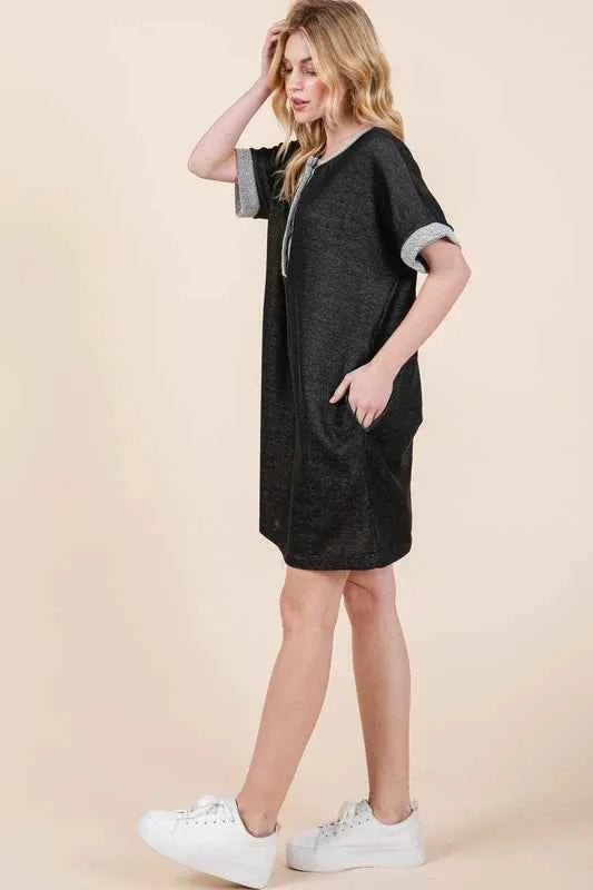 Casual Contrast Trim Henley Dress BLACK 9878a72320704c579da64148fa9bfae2-Max-Origin