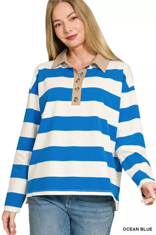 Striped Contrast Collar o Top OCEAN BLUE 987906f34f6144859ecd7c39583b5725-Max-Origin