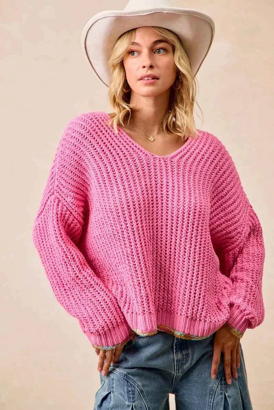 BiBi V-Neck Sweater with Colorful Trim PINK 987920cb9763456c8a753f570f0af03e-Max-Origin
