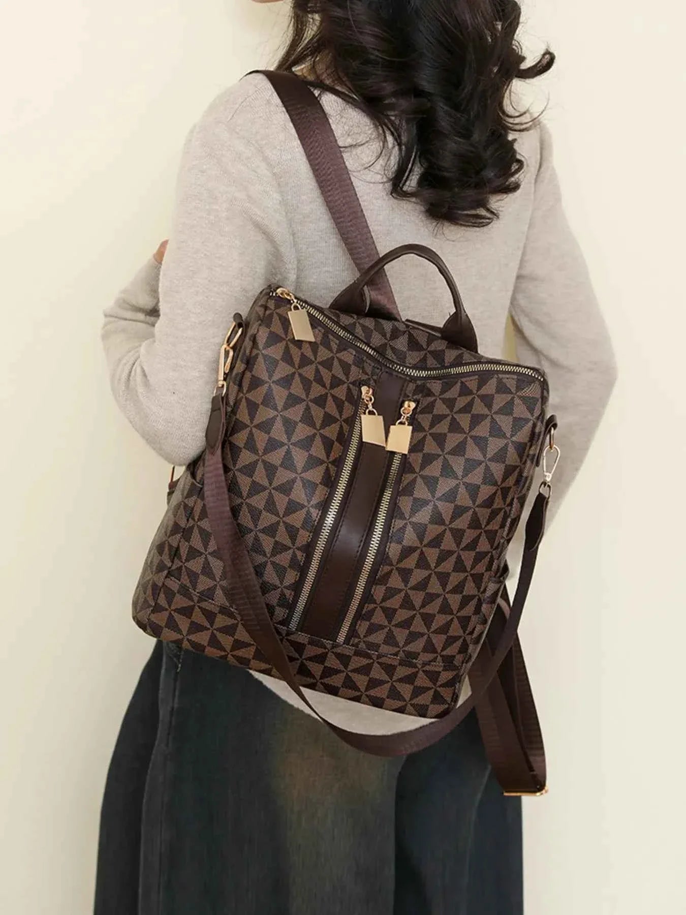 Geometric Pattern Backpack Bag Brown One Size 987a5faa47c849b093a65d8babd767e7-Max-Origin