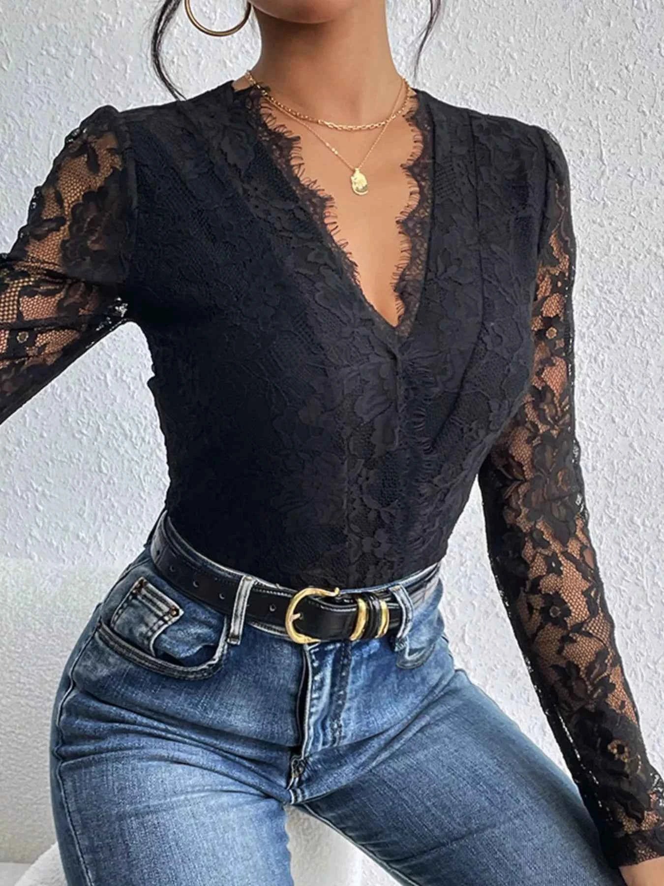 Lace V-Neck Long Sleeve Bodysuit 987a88a3-c4c9-444a-9595-8ab97705dae7-Max-Origin