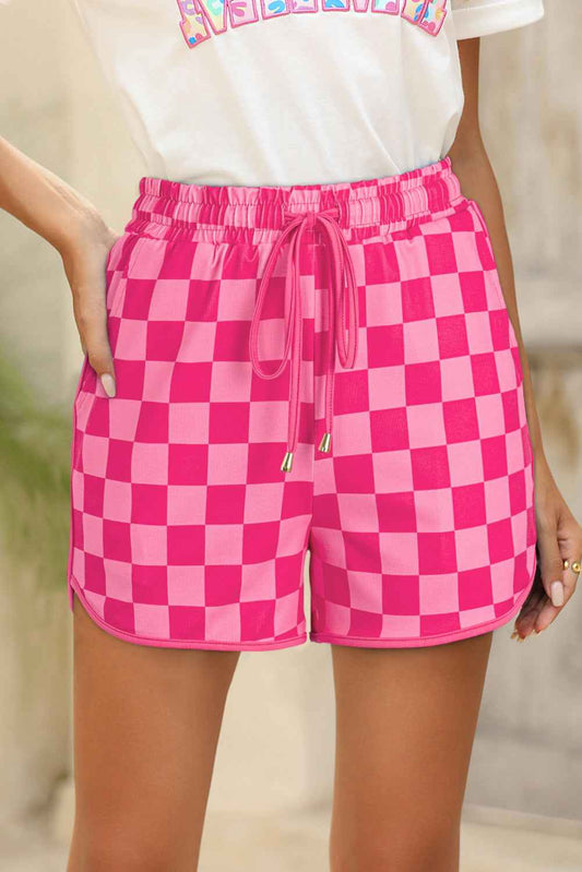 Rose Checkered Drawstring Elastic Waist Casual Shorts Rose 987b5e5bec6667cc