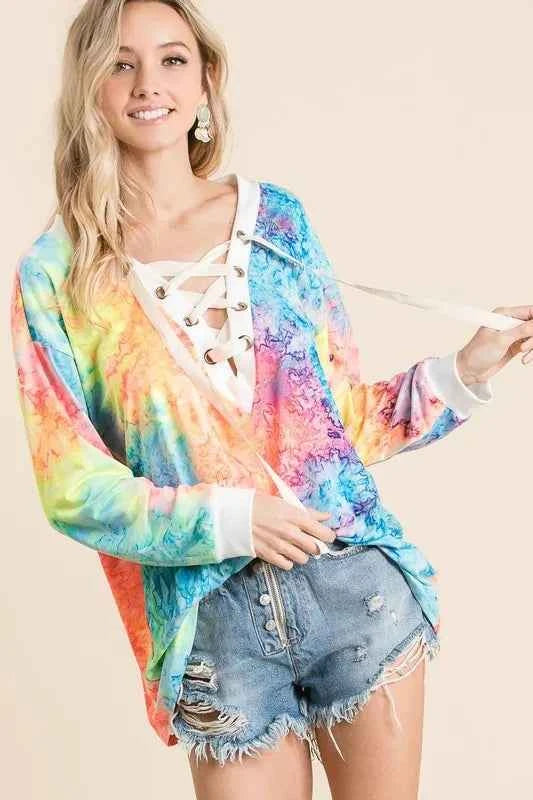 BiBi Tie Dye Deep V-neck Top With Lace Up Front 987efd511d4b4f70974ece8ed0148da2-Max-Origin