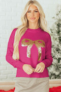 Rose Red Sequined Bow Graphic Christmas Holiday Sweater Rose Red 52%Viscose+26%Polyester+22%Polyamide 987f789f21ac2f11
