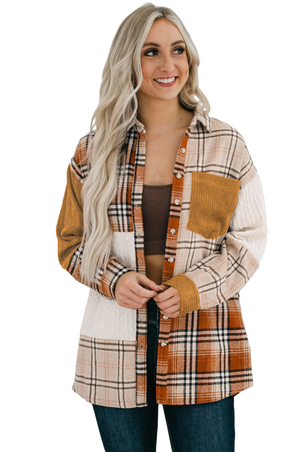 Orange Plaid Color Block Patchwork Pocket Shirt Shacket 988148a702e17369