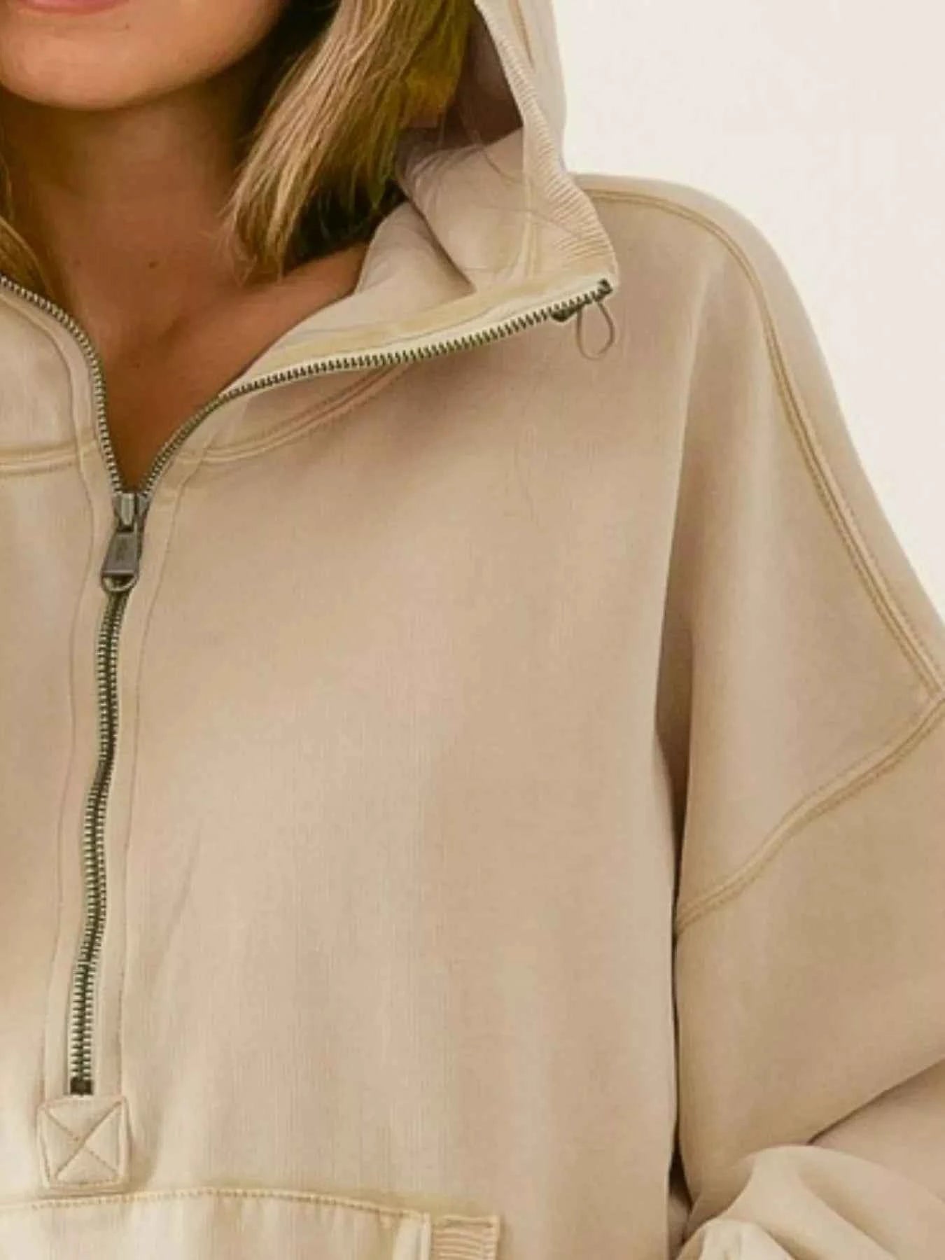 Stitch Detailed Elastic Hem Half Zip Fleece Hoodie 9883cdbf-944a-404b-95d7-b354d31d2adb-Max-Origin