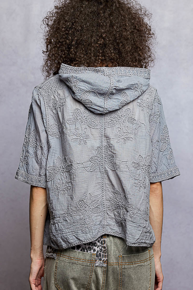 POL Button Front Floral Stitching Breathable Hooded Shirt 9883e371-e86b-4aab-a459-472906b0e76a-Max