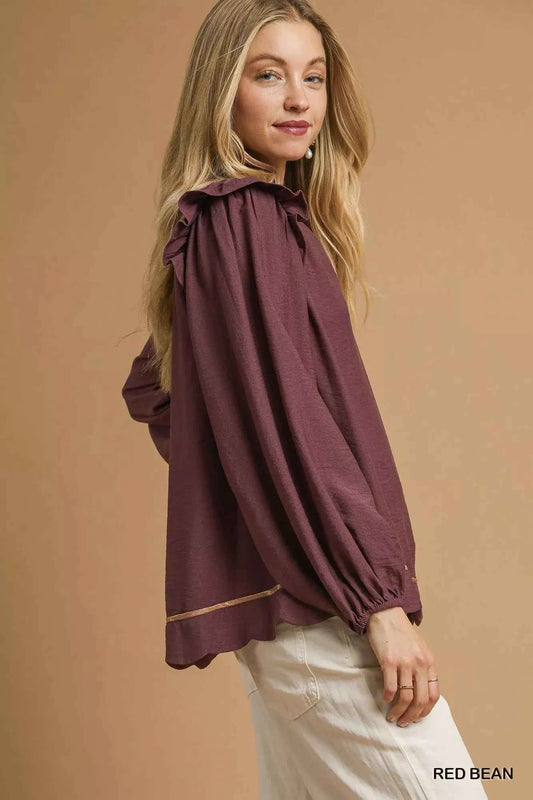 Umgee Ruffle Shoulder Long Sleeve Blouse 988877cc-d1fe-4bf2-88fe-2570c6297f29-Max-Origin