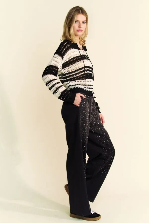 Davi & Dani Contrast Striped Crochet Drop Shoulder Knit Cover Up 98890435-dcb6-46e1-bcc8-230577b9b23e-Max