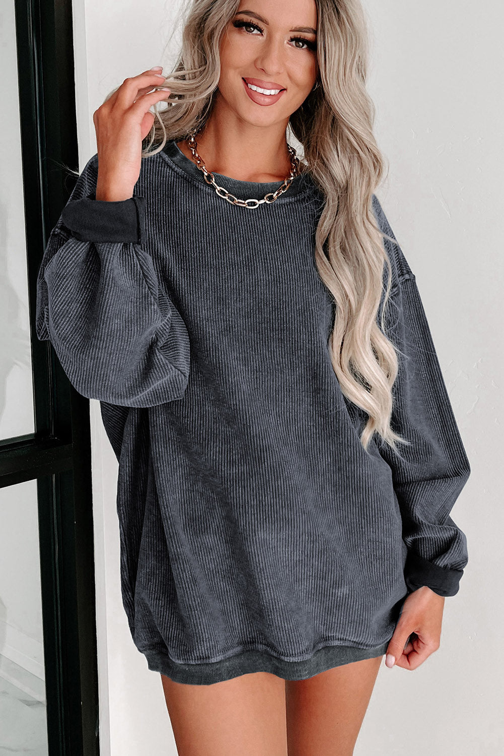 Green Ribbed Round Neck Drop Sleeve Pullover Sweatshirt 988b24fb84151911