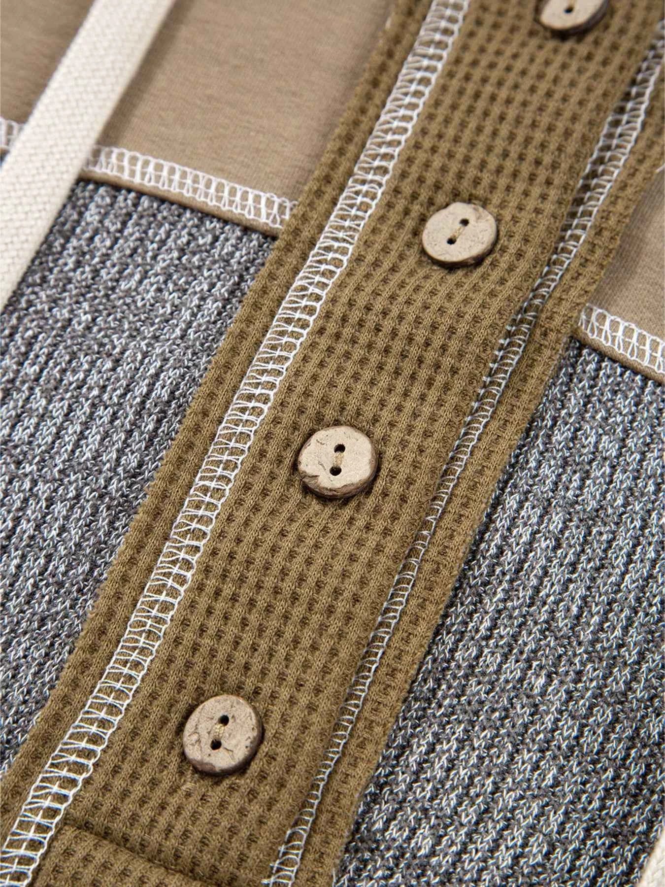 Mixed Texture Patchwork Exposed Seam Half Button Hoodie 988dabc0ddf646d7bacc27407e33c0a6-Max-Origin