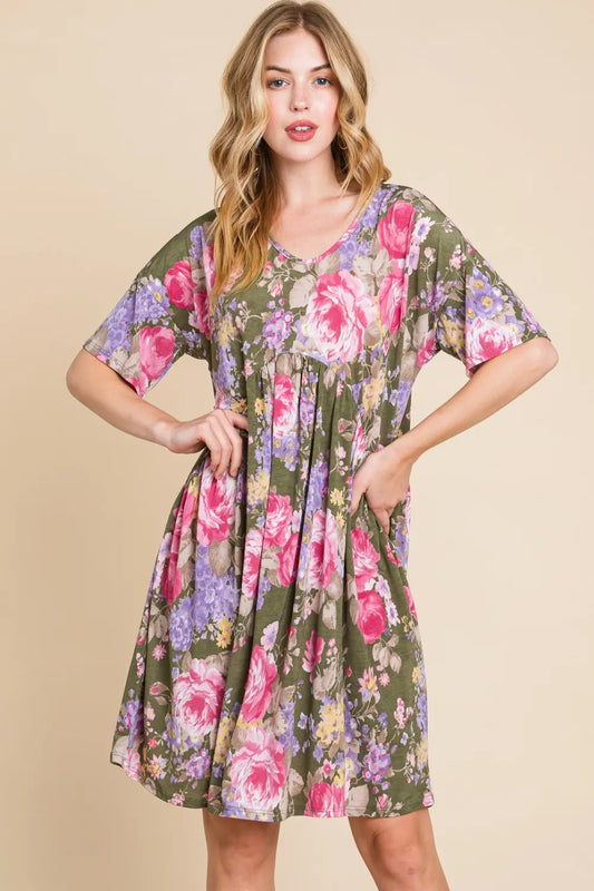 Flower Print V-Neck Ruched Dress - Made in USA 988df7e6-c384-4cd0-af0f-353d49e614ab-Max