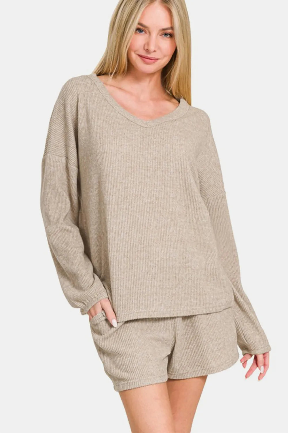 Zenana V-Neck Long Sleeve Ribbed Top and Shorts Set 988e0177-a70e-46a7-a882-93924062c43d-Max