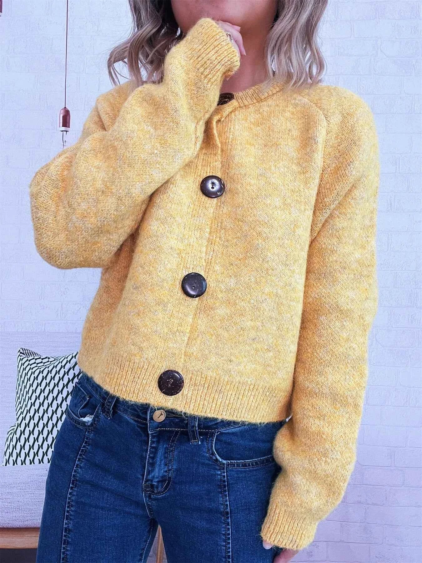 Button-Up Raglan Sleeve Cardigan Yellow One Size 9890a3187508408fb77c04c9bca3a00e-Max-Origin