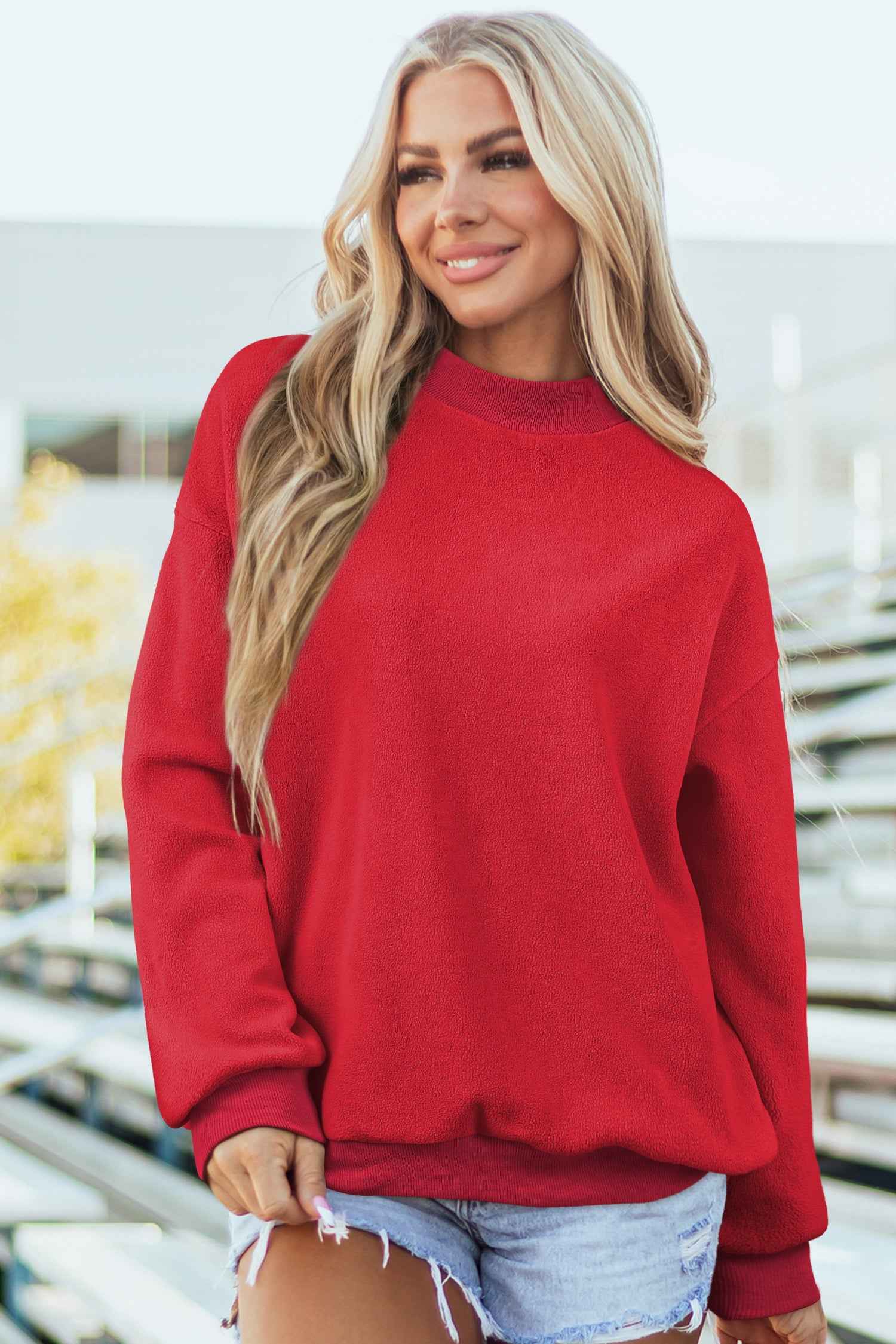 White Oversize Drop Shoulder Reversible Mock Neck Sweatshirt Racing Red 65%Polyester+35%Cotton 98981a6408740a97