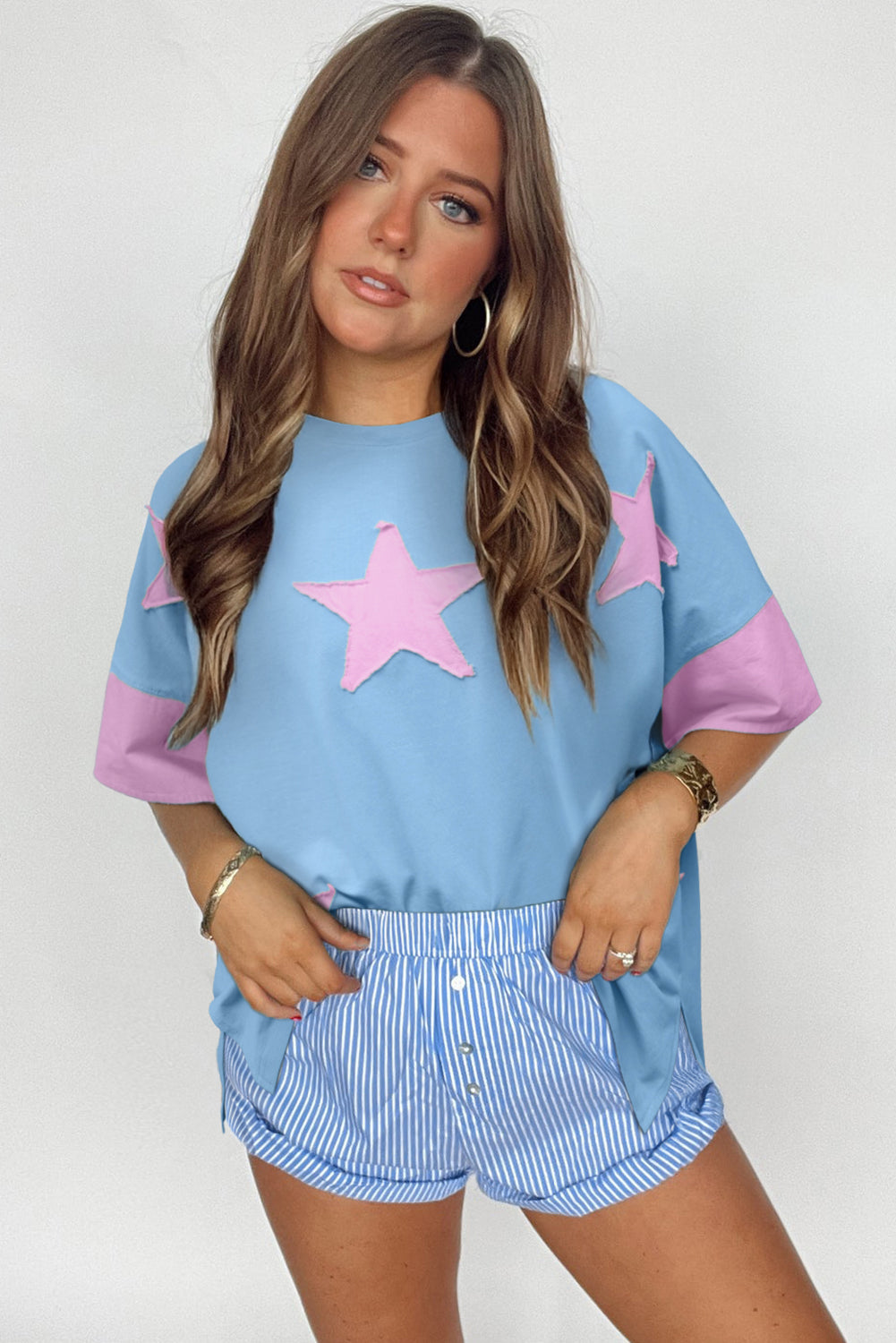 Myosotis Frayed Star Patched 4th of July Oversize T Shirt 989a5b8881923a99