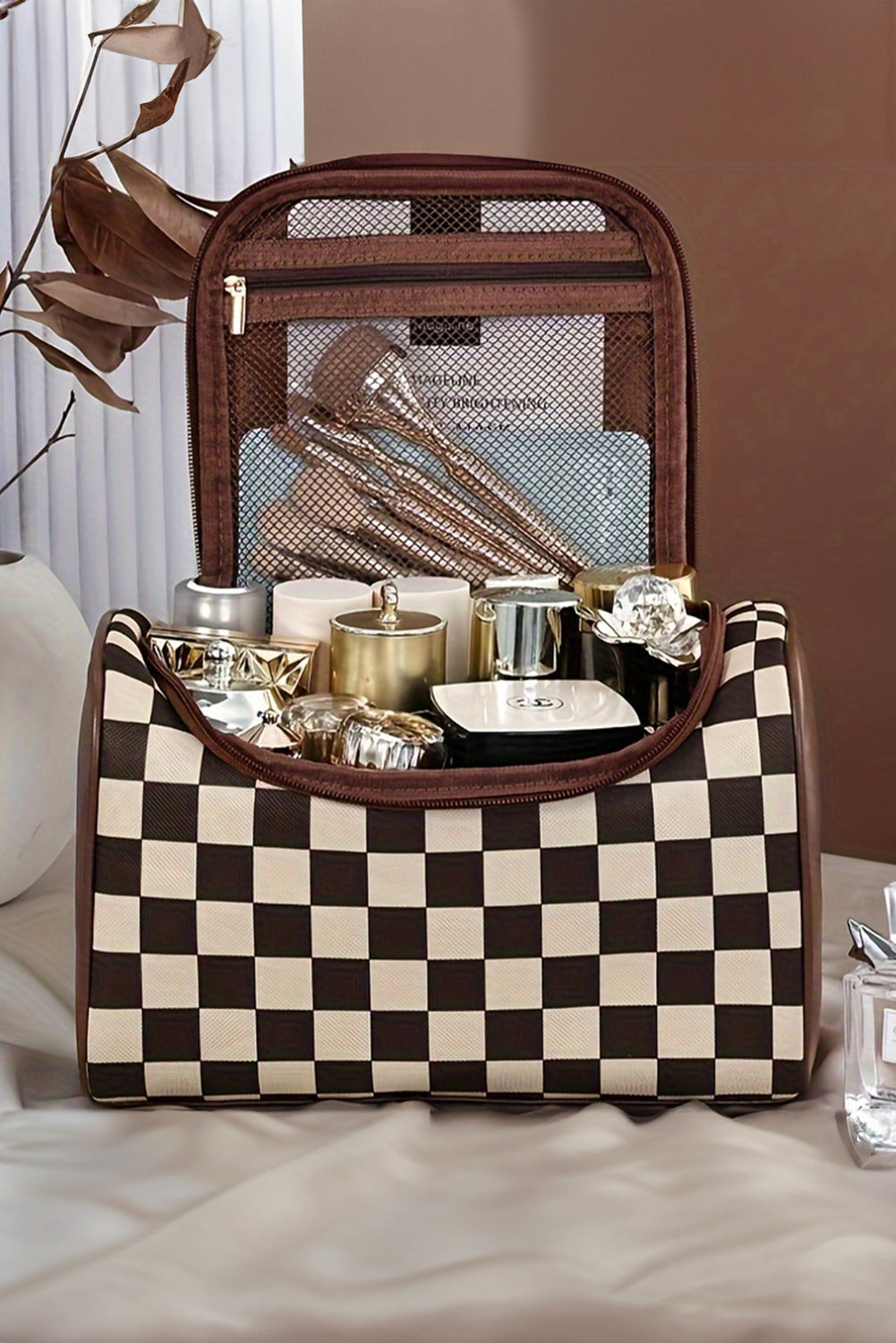 Checkered Zipper Large Cosmetic Bag with Handle 989ecc95e30c1446