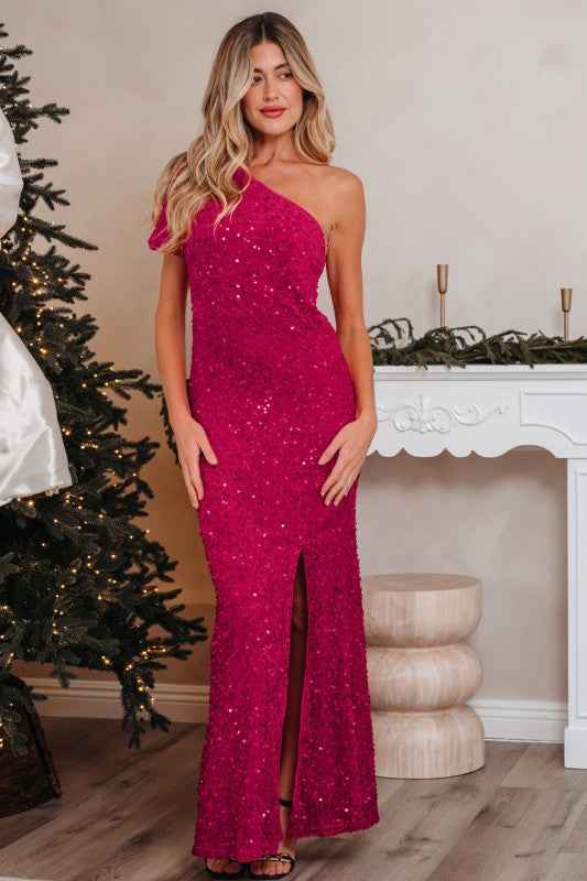 Sequin One Shoulder Thigh High Split Bodycon Gown Pitaya Pink 98a0fdbf-45b9-4bdc-ab0a-3d474a38e16d