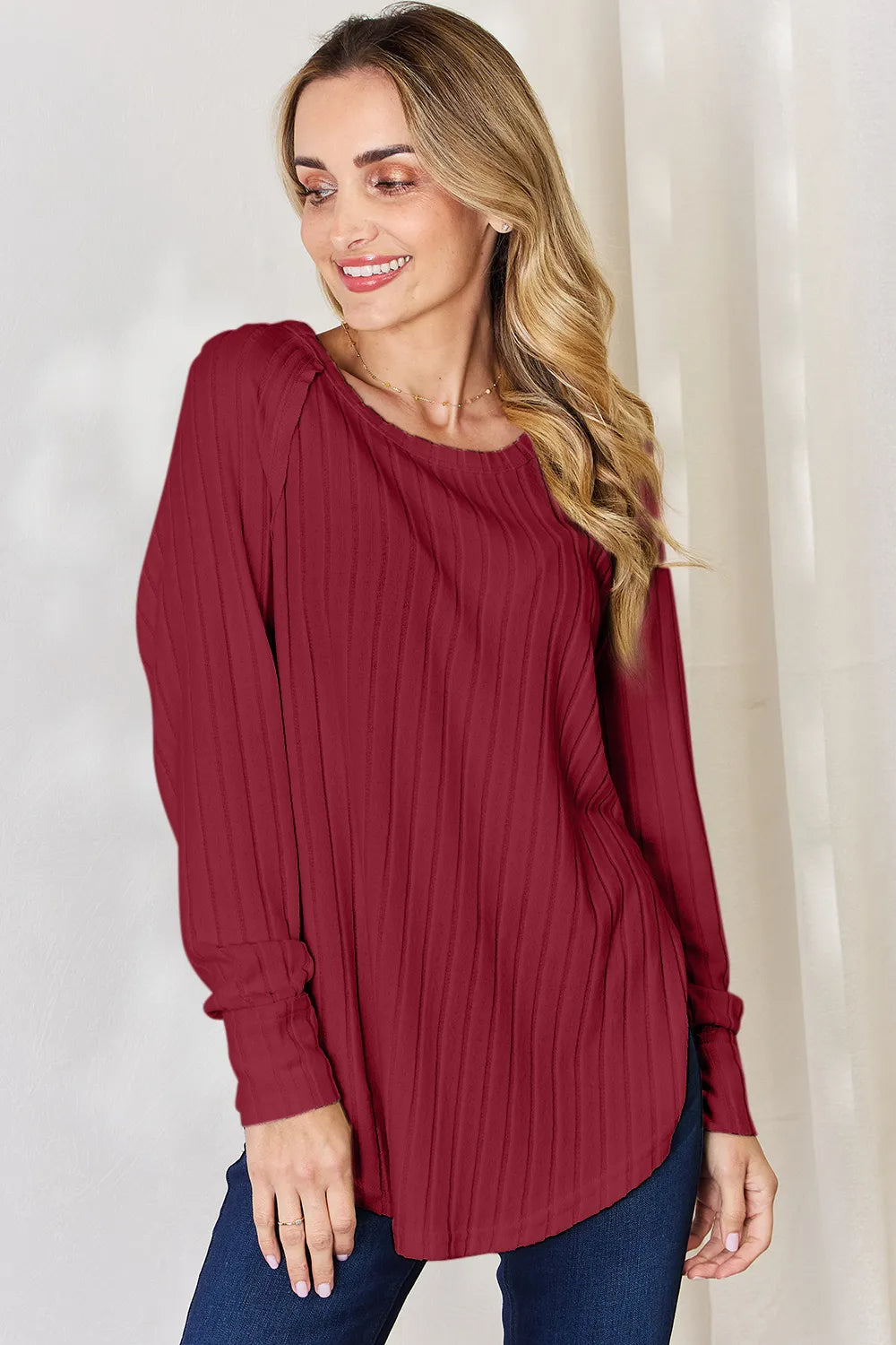 Basic Bae Full Size Ribbed Round Neck Slit T-Shirt 98a3dd76-4ecd-49c2-904c-9d680e4d8f58-Max