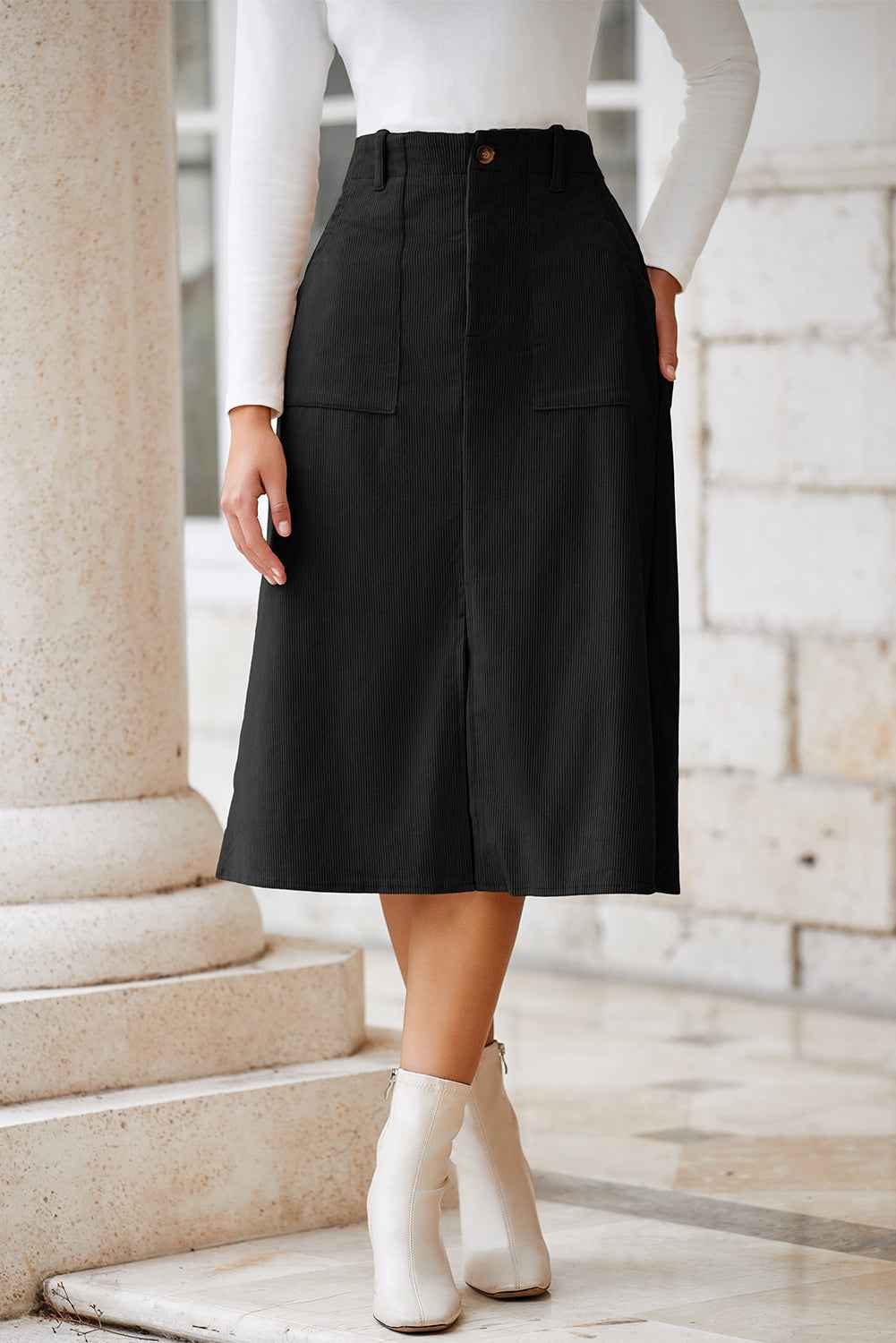 Black Front Slit Shift High Waist Midi Skirt 98b00d78ccd4c2a7
