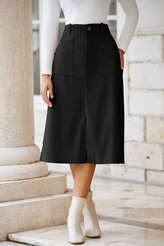 Black Front Slit Shift High Waist Midi Skirt 98b00d78ccd4c2a7
