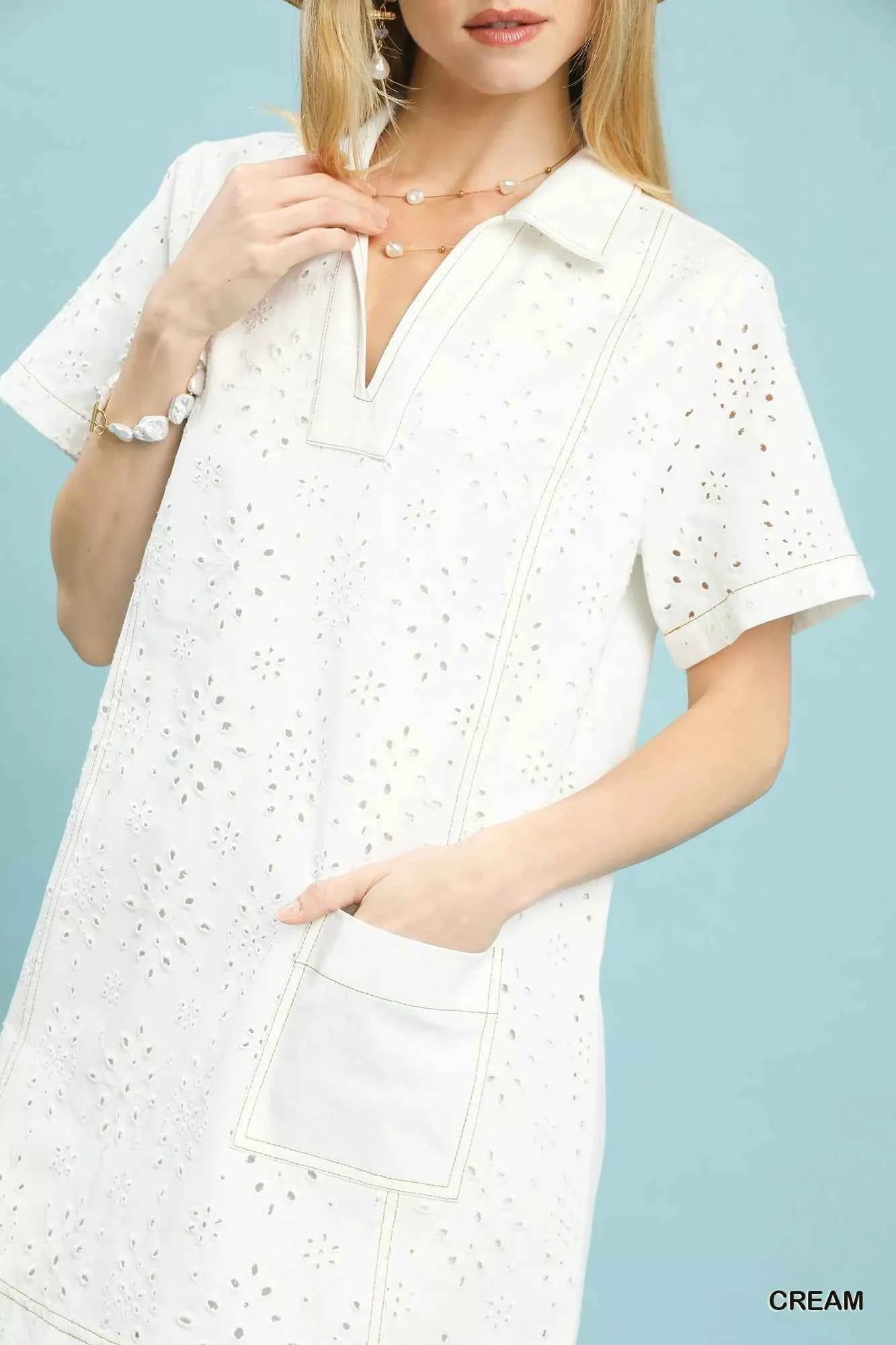 Umgee Eyelet Short Sleeve Shift Dress with Pocket 98b29311-f496-4a93-9a44-9978b29da261-Max-Origin