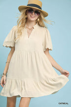 Umgee Linen Tiered Babydoll Dress with Scalloped Sleeves OATMEAL 98b3a716-eef5-487e-9c12-161004723f46-Max-Origin