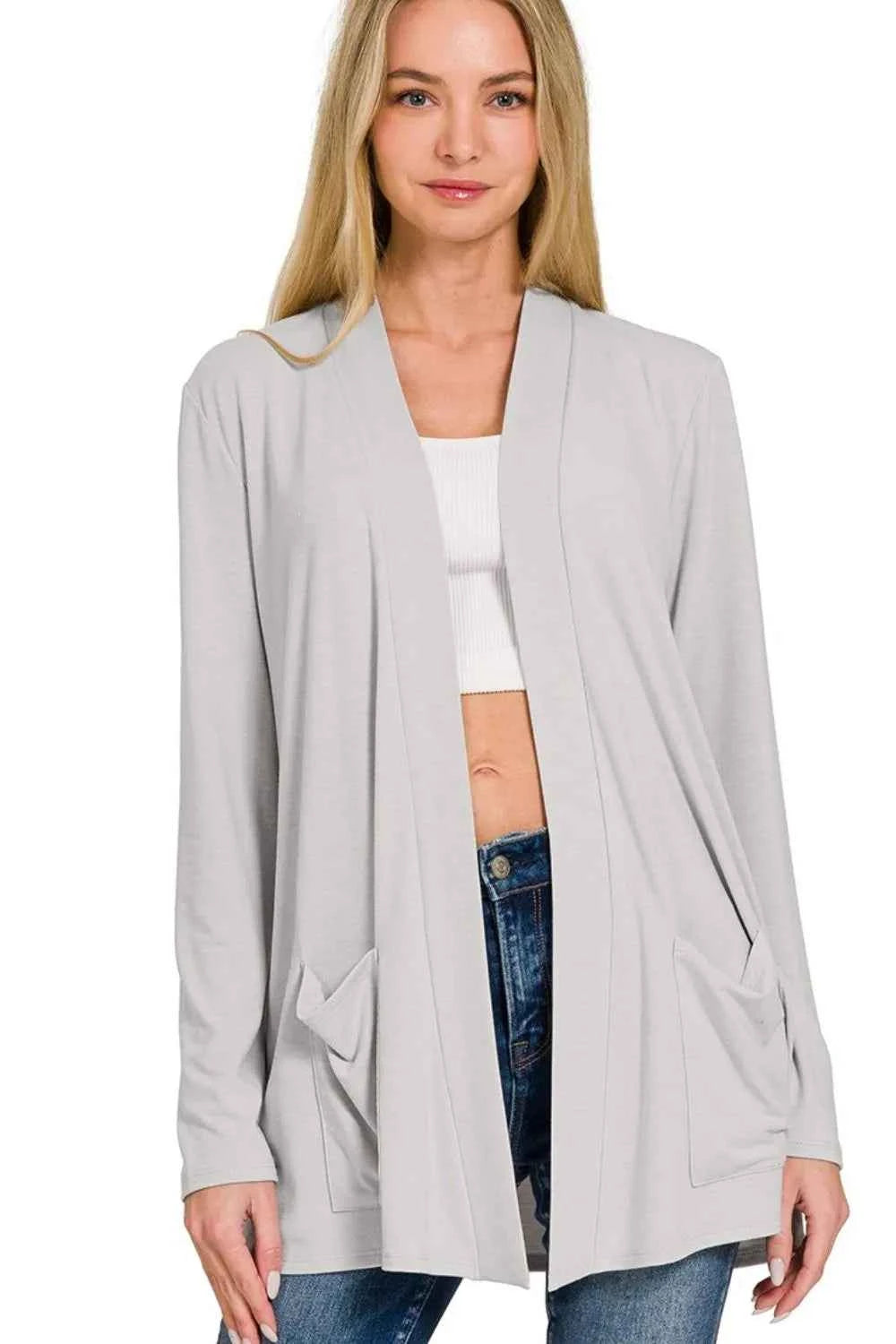 Zenana Slouchy Lightweight Open Front Pocket Cardigan LT GREY 98b47da3-b6b6-4030-aa5e-6898833922ad-Max-Origin