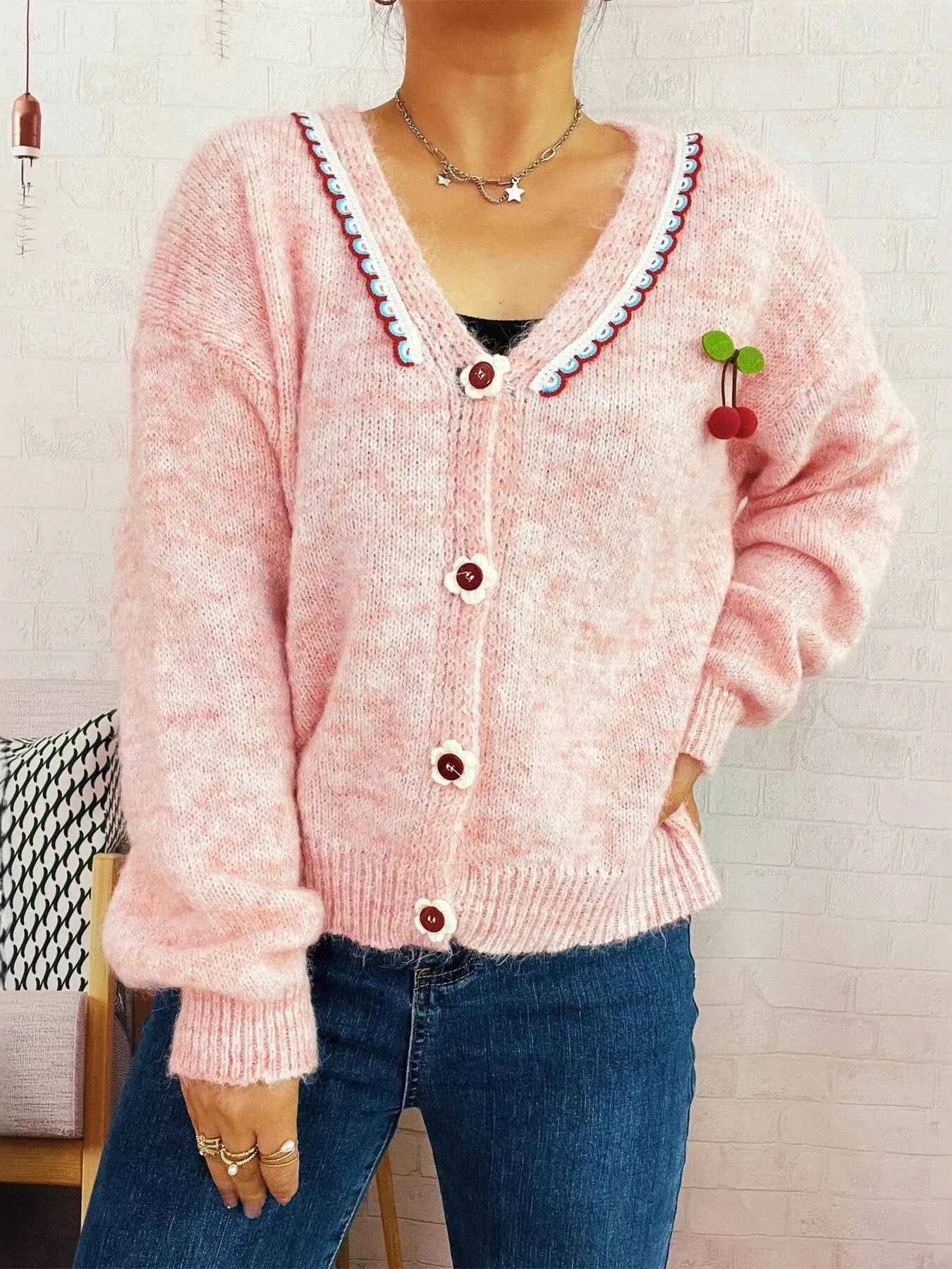 Cherry Button-Front Long Sleeve Cardigan 98b68eda29774af596c532e8d4ba9e99-Max-Origin