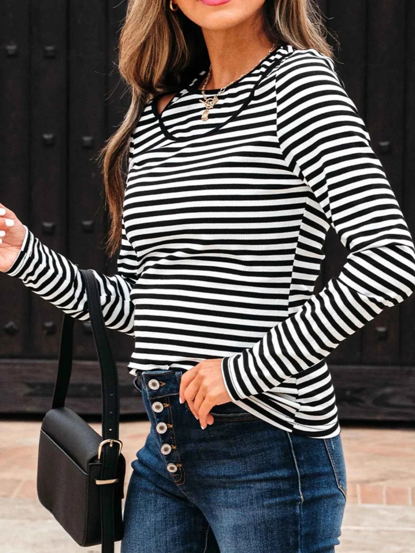 Stripe Double-layer Cold Shoulder Long Sleeve Top 98b70f59-893a-4a31-9d17-9e1856dee3b4-Max-Origin