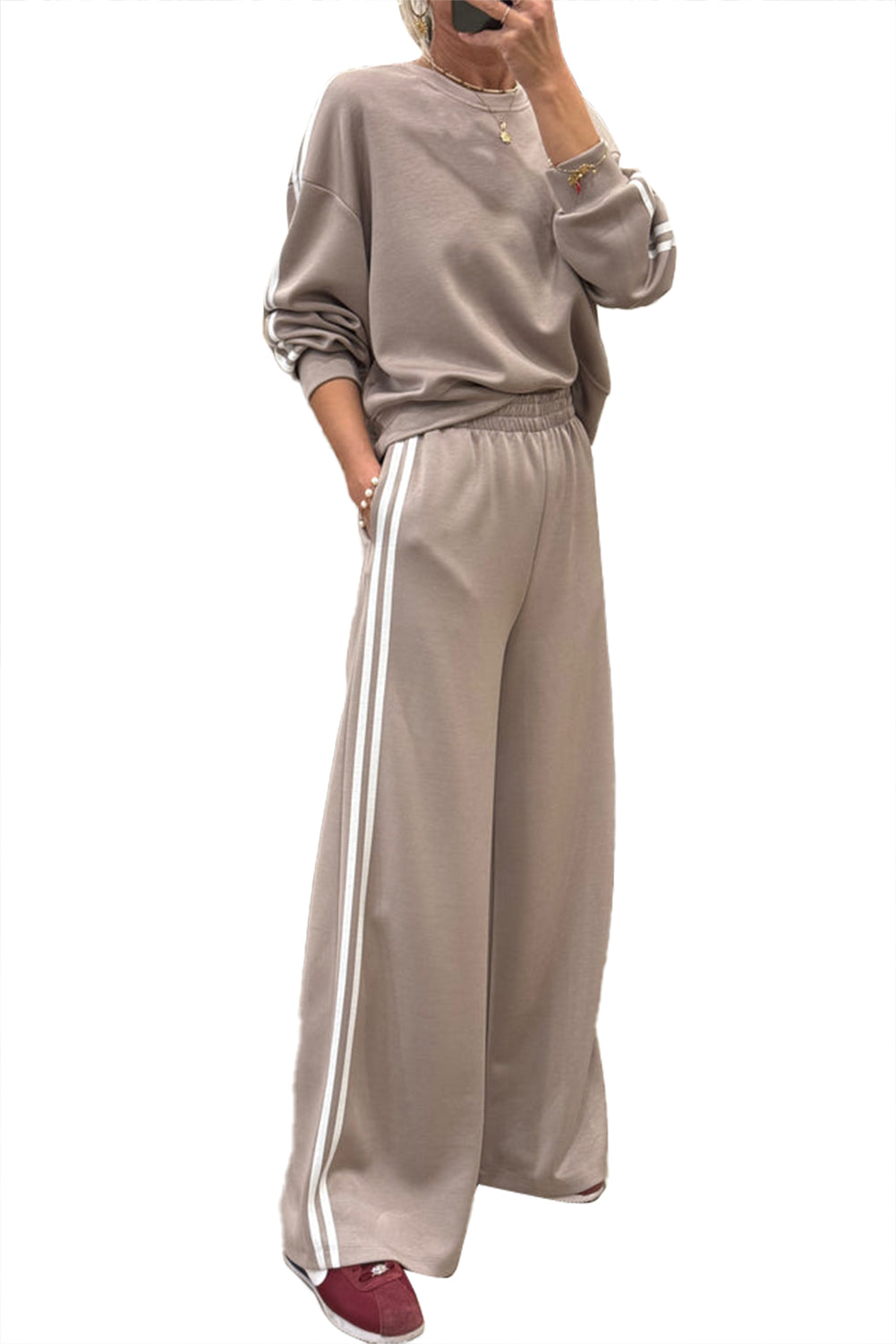 Dirty Blue Varsity Striped Detail Cropped Pullover Wide Leg Pants 2pcs Outfit 98b736fab76dd7d2