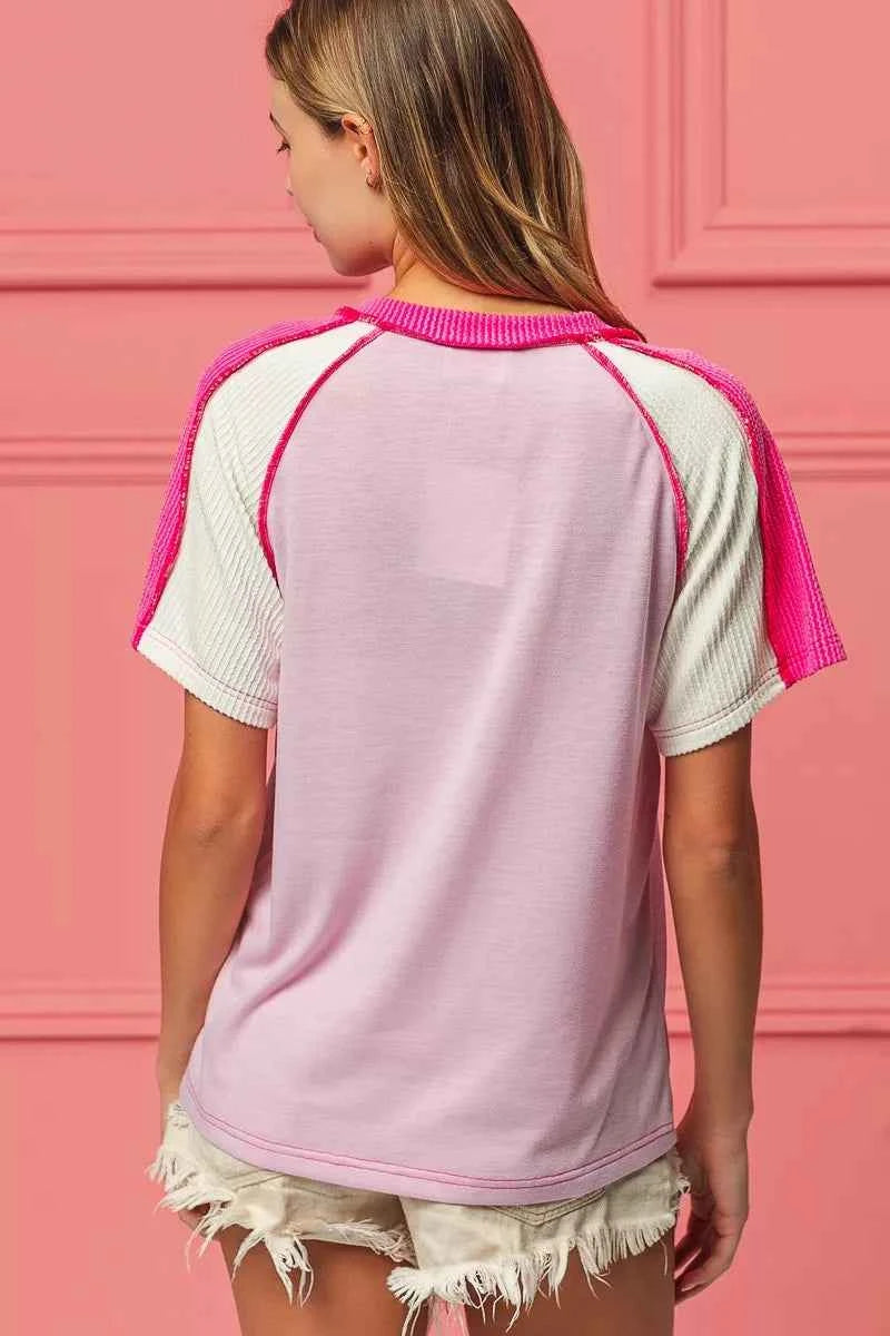 BiBi Cord Rib Combo V Neck Jersey Knit Top 98be1388-e7f4-4094-bf3f-486368519b47-Max-Origin