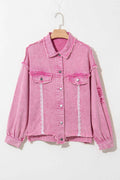 Pink Lace Patchwork Distressed Buttoned Denim Jacket Pink 100%Cotton 98c0e54fa3df2f57