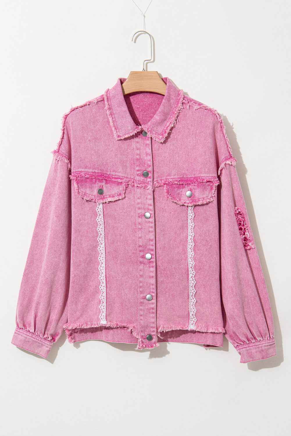 Pink Lace Patchwork Distressed Buttoned Denim Jacket Pink 100%Cotton 98c0e54fa3df2f57