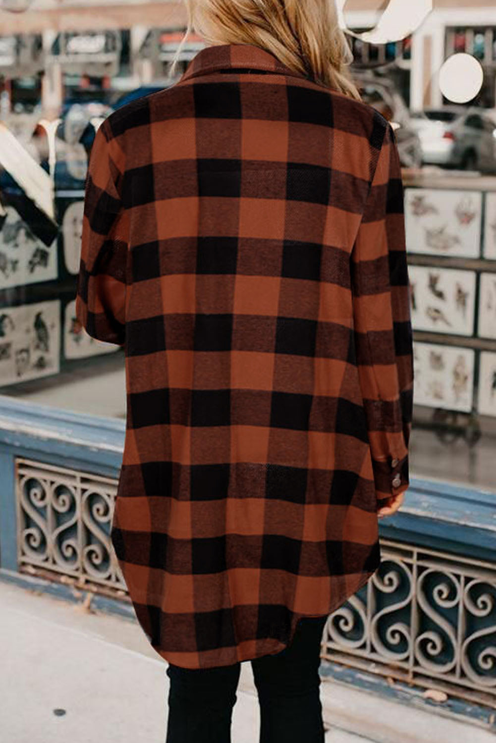 Brown & Black Plaid Collared Botton Down Long Shirt Shacket 98c4626cbb8aa8e9