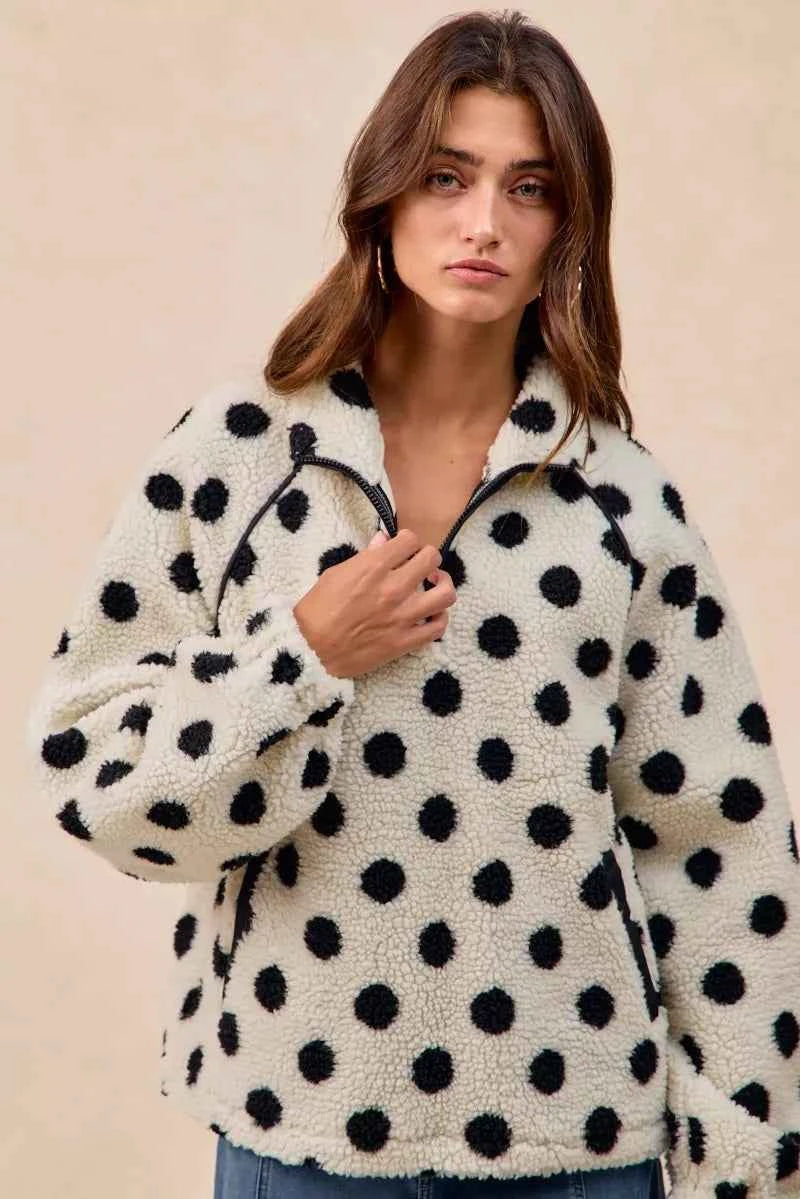 Polka Dot Sherpa Half Zip Up Top with Side Pocket 98c925ff-4317-405b-add9-14ed0342275f-Max-Origin