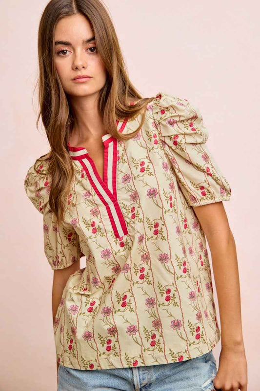 Floral Gather Sleeves Contrast Neckband Blouse Top 98c97e592d67445995130a31e73a2616-Max