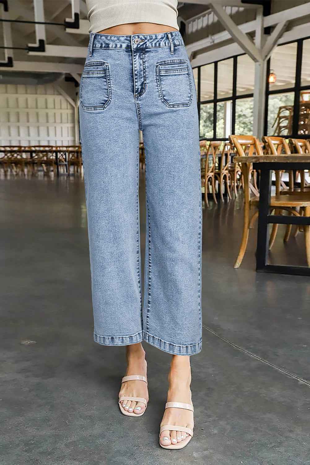 Sky Blue Chic Patch Pocket Straight Leg Loose Jeans 98cd2f3d8fac2f33