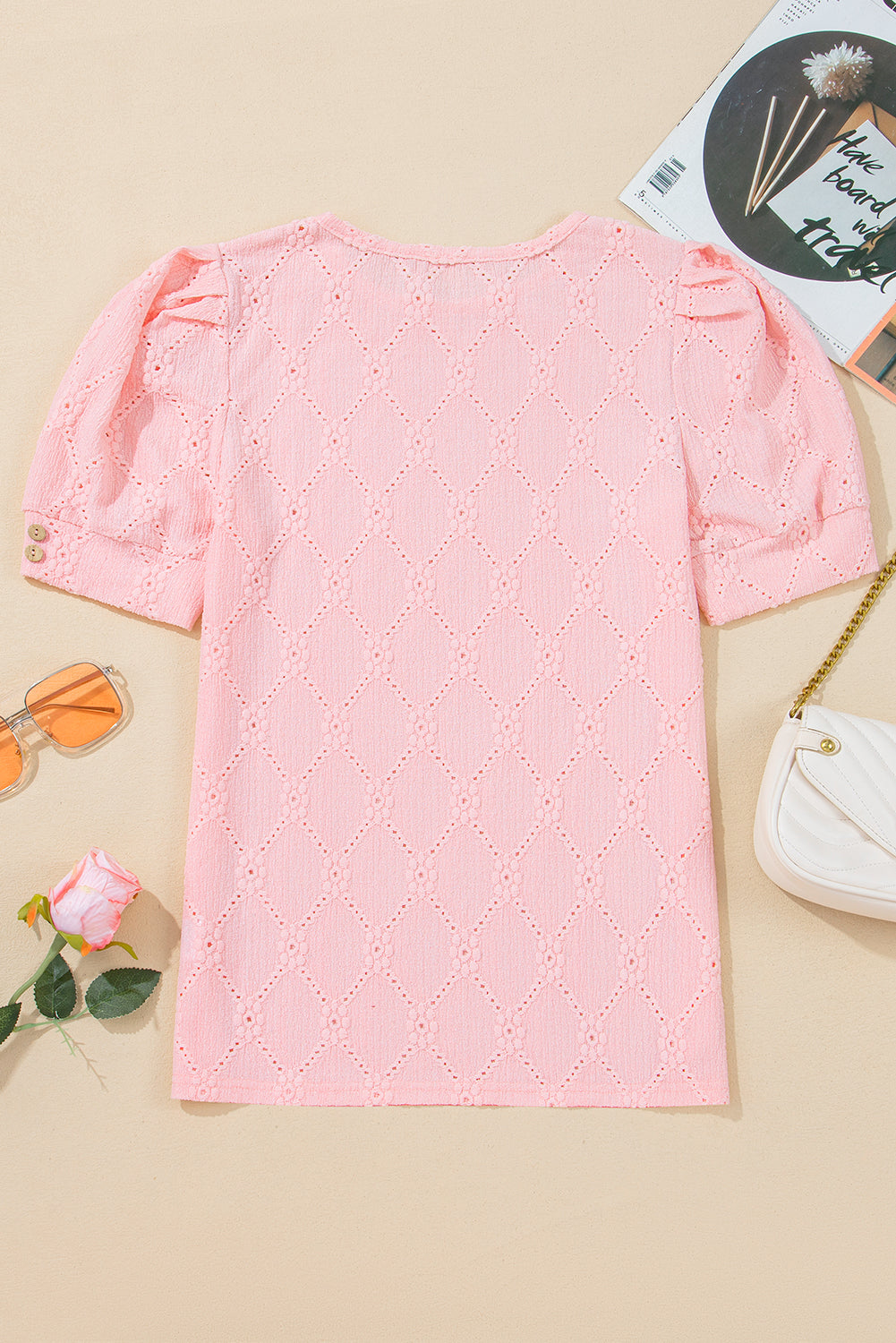 White Embroidered Floral Geometric Button Short Sleeve Top 98ce78698c14846a