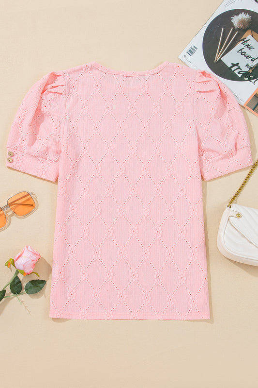 White Embroidered Floral Geometric Button Short Sleeve Top 98ce78698c14846a