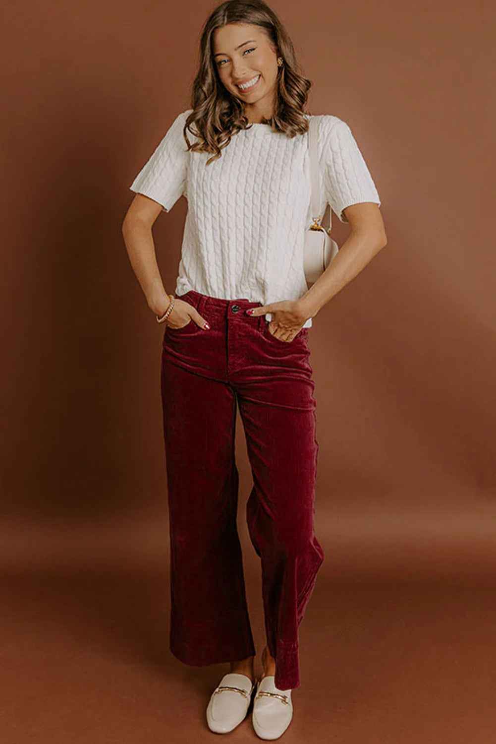 Burgundy Corduroy Solid Color High Waist Wide Leg Pants 98d030854a594593