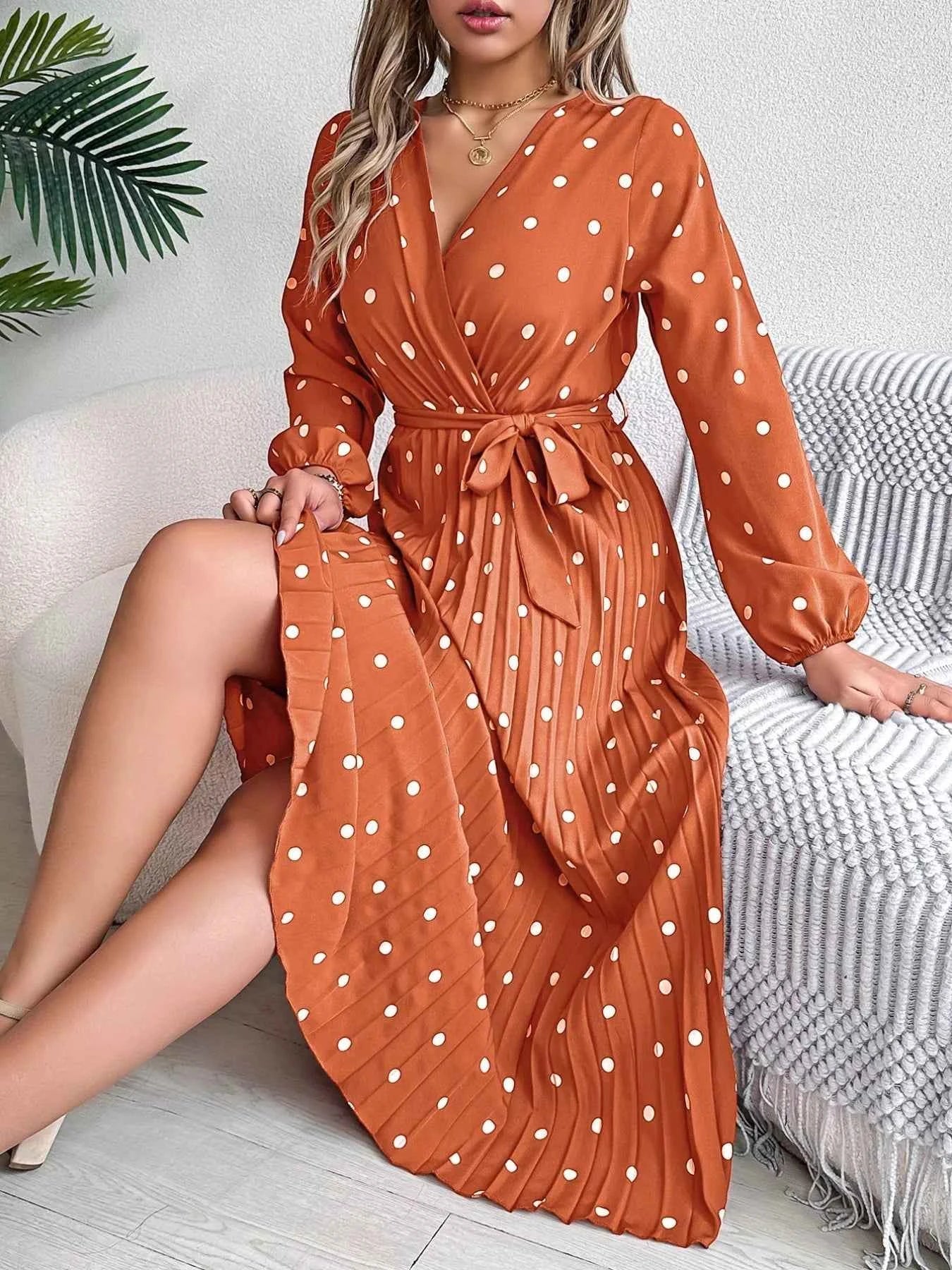 Front Tie Polka Dot Midi Pleated Dress Terracotta 98d2178e-61b9-4a01-8f19-503b4a278474-Max-Origin