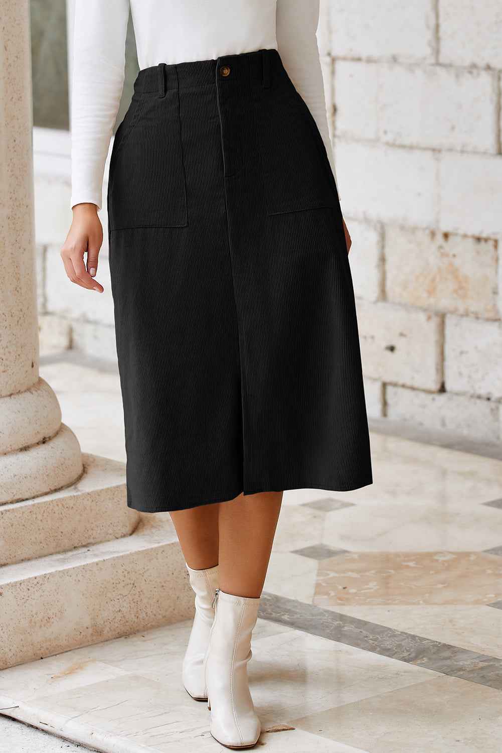 Black Front Slit Shift High Waist Midi Skirt 98d275ef27e3c41a