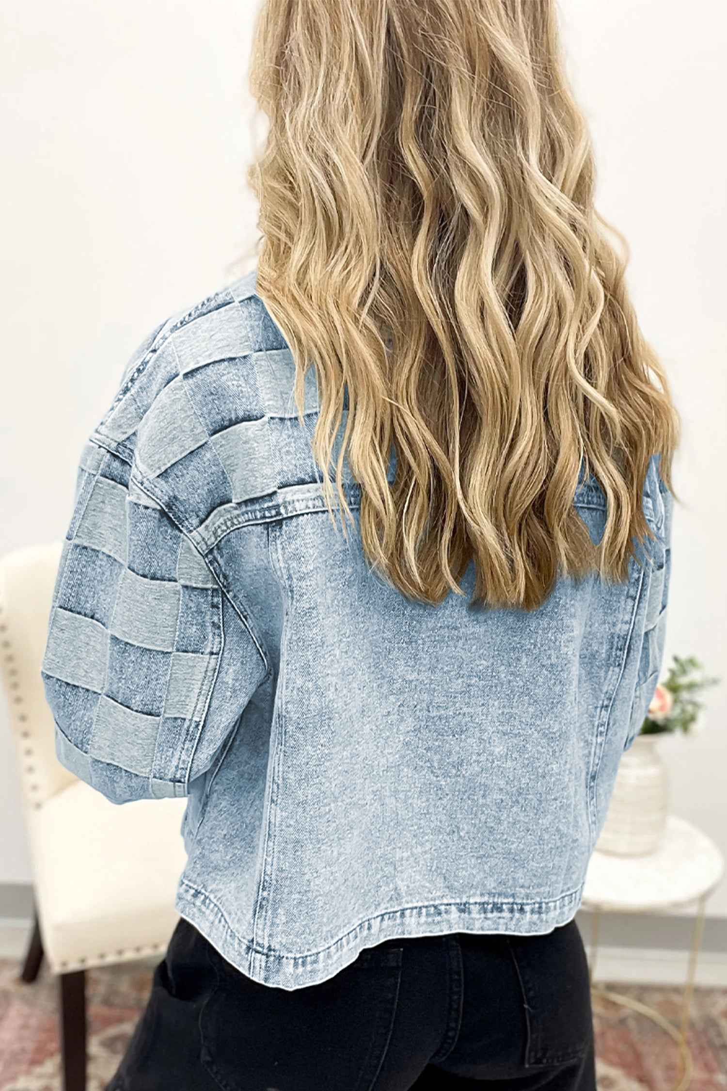 Beau Blue Denim Checkered Pattern Patchwork Womens Casual Jacket 98d57ec4f8d5144e