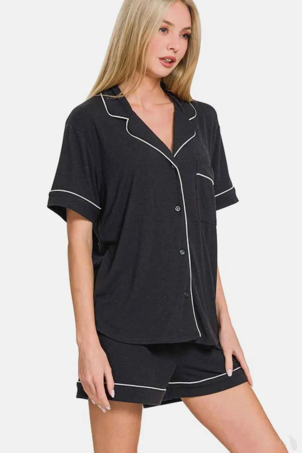 Zenana Button Down Short Sleeve Top and Shorts Lounge Set 98d6c220-6baf-40fa-bccb-1def6f11a1cb-Max