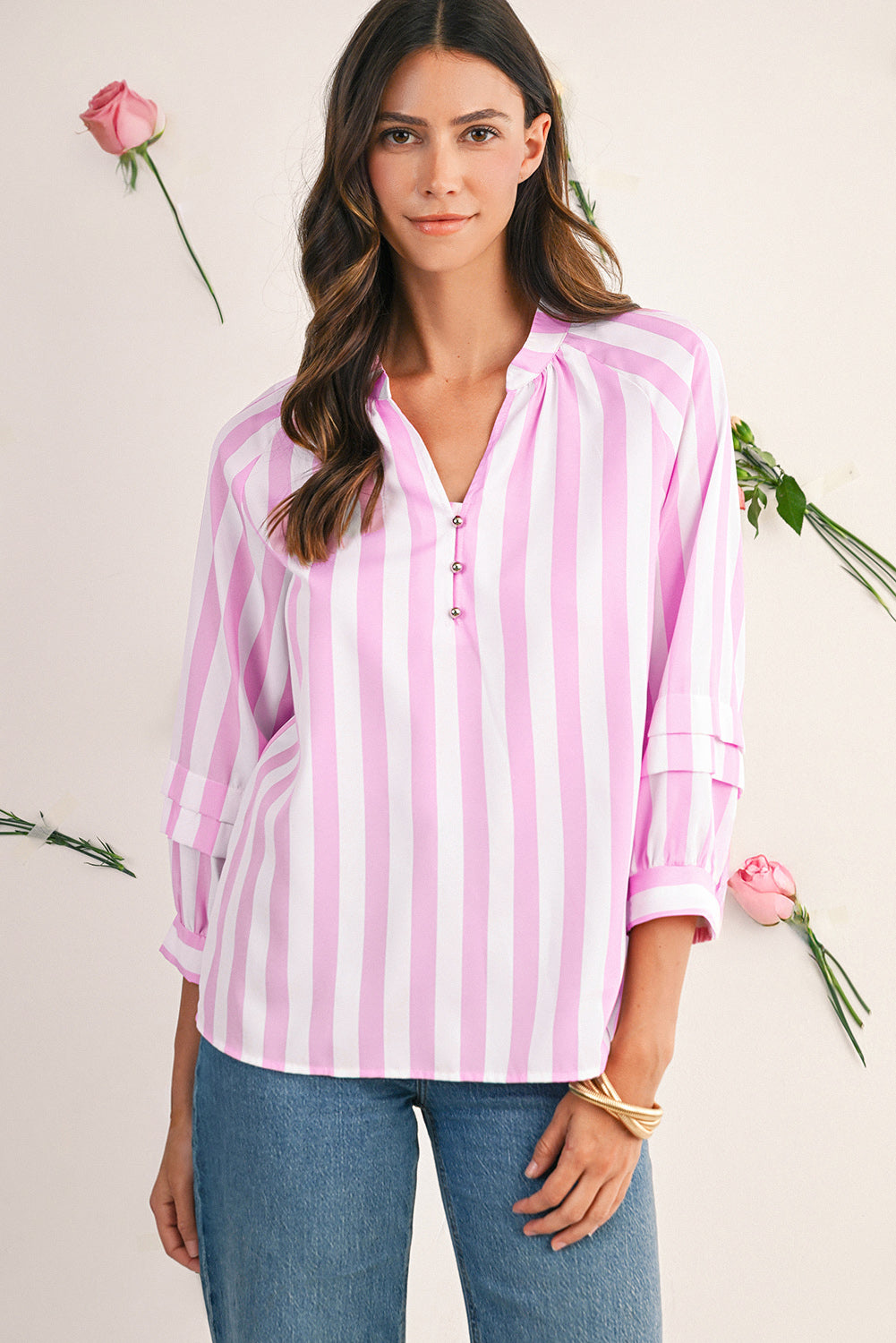 Rose Striped Button V Neck Raglan Sleeve Blouse 98d7e83347776dde
