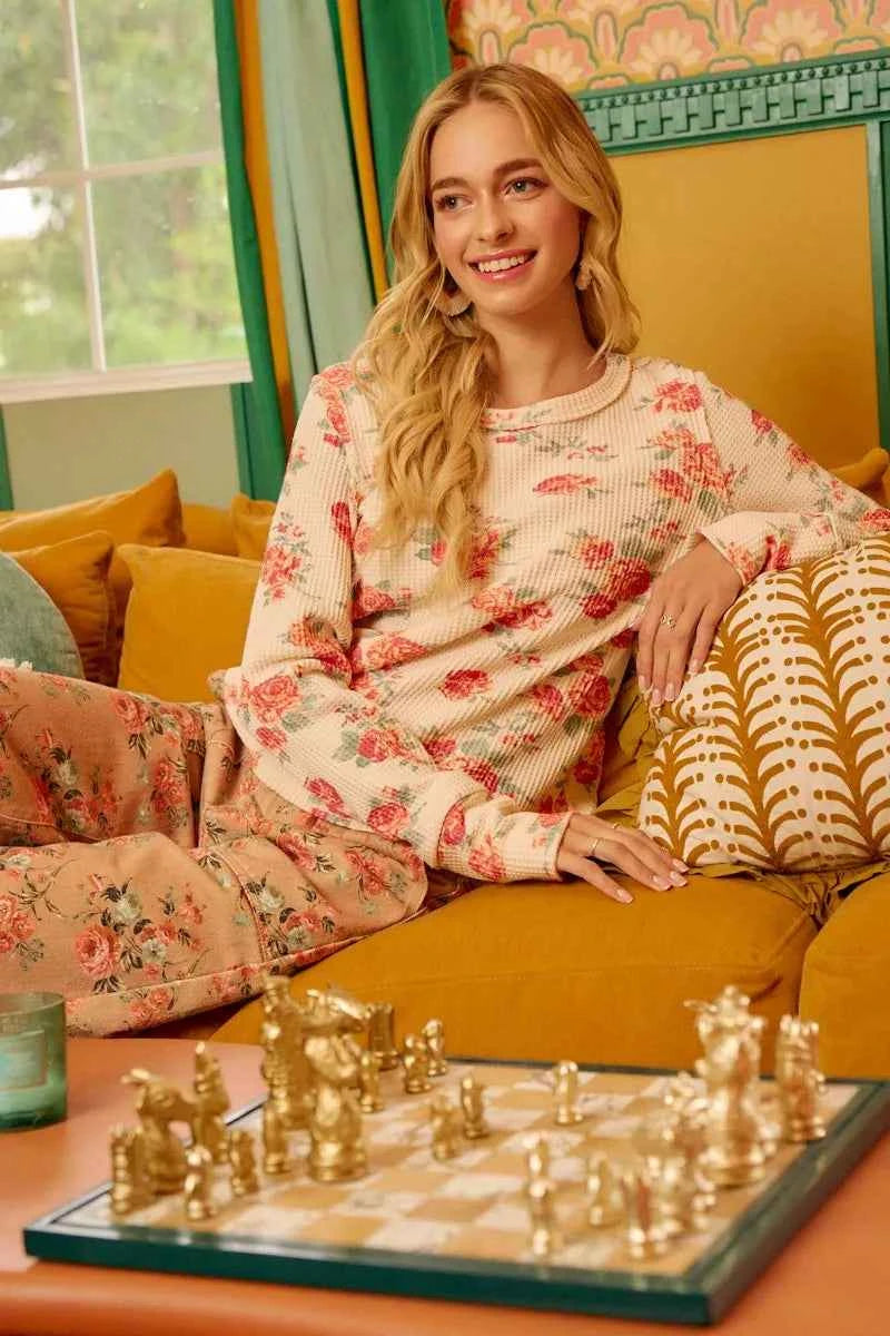 BiBi Floral Print Washed Waffle Thermal Top With Thumb 98d9bb3c79d24c979ce0e9ca77280e74-Max-Origin