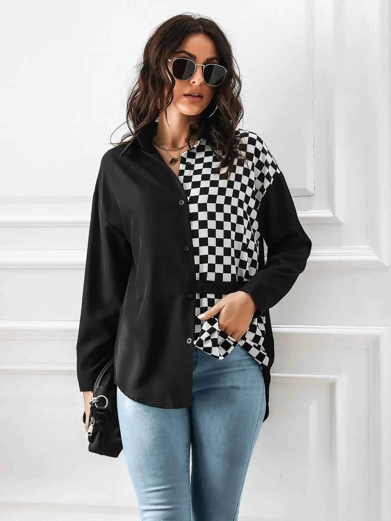 Checkered Pattern Long Sleeve Shirt Black White 98da8141-621a-40f4-85ef-5bfe5b46853f-Max-Origin